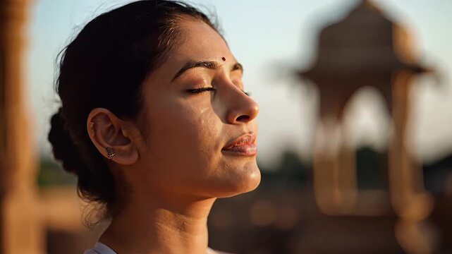 Serene Indian Woman Meditating Outdoors Peaceful Moment