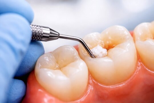 Close up of dentist placing filling material into tooth cavity during dental treatment. Concept of caries treatment, restorative dentistry and oral healthcare.
