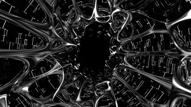 Futuristic Visual Display Features Chrome Lattices Shaping Tunnels With Organic Hollows And Gleaming Borders