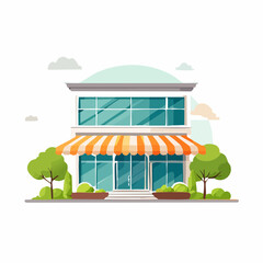 Fototapeta premium Modern Two-Story Commercial Building with Orange Striped Awning.