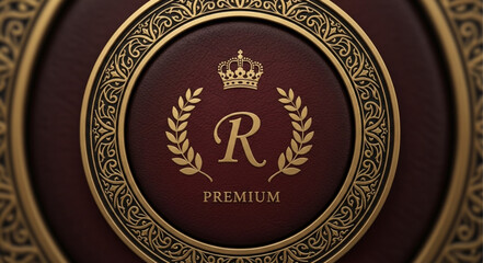 Elegant Premium Emblem Design with Crown, Laurel Wreath, and Letter R.