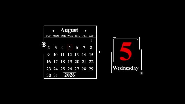 August 5th 2026 Wednesday Calendar Display fifth. A very important date in the calendar. Signing a day on a calendar.