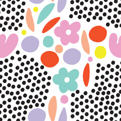 Modern Memphis inspired seamless pattern featuring abstract flowers, dots, and playful geometric forms. Clean flat vector design for textiles, prints, and digital backgrounds.