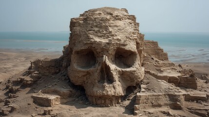 海と広大な空が広がる砂漠に佇む巨大な砂岩の頭蓋骨