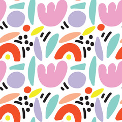 Modern Memphis inspired seamless pattern featuring abstract flowers, dots, and playful geometric forms. Clean flat vector design for textiles, prints, and digital backgrounds.