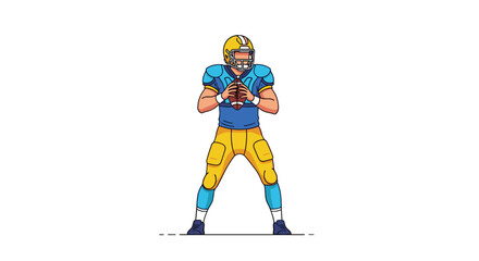 An American football player in blue and yellow uniform holds a football.
