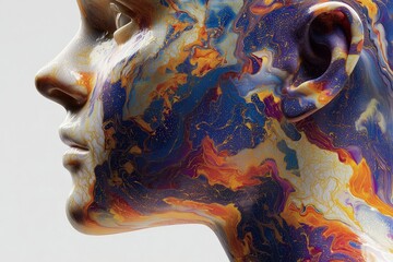 色とりどりの渦巻く液体が女性の顔を形成し、非常に精細に表現されている