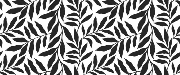 Seamless black and white leaf pattern with bold botanical silhouettes. Modern repeating foliage design creates a striking natural background. Perfect for fabric, wallpaper, packaging, and contemporary © Sk