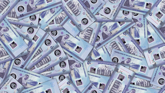 Finance illustration. Seamless pattern. Disorganized scattered plastic banknotes of 50 dirhams United Arab Emirates. UAE money. Textured arabic background or wallpaper. Obverse and reverse