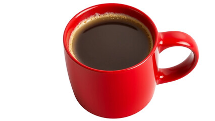 Obraz premium Realistic red coffee mug filled with black coffee, isolated on transparent background. Glossy ceramic cup mockup for branding.
