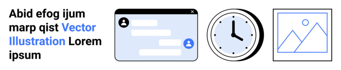 Obraz premium Communication, time management, digital design, productivity, online interaction, user interface. Chat window, analog clock and image placeholder. Communication and time management concepts