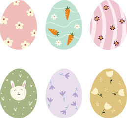 Set of six hand-drawn pastel Easter eggs with floral, bunny, and carrot patterns in soft spring colors, flat style