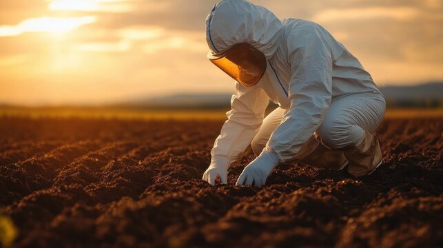 Individual in white protective suit crouching in freshly tilled field at sunset, carefully examining soil with focused, cautious determination