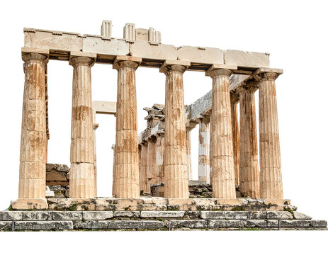 Ancient greek temple ruins with weathered doric columns and stone platform
