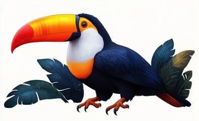 Fototapeta premium bright tropical toucan with large orange beak perched beside green leaves, vivid black and white plumage with orange chest, alert and curious expression