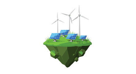 Obraz premium Floating island with solar panels and wind turbines in a white void.