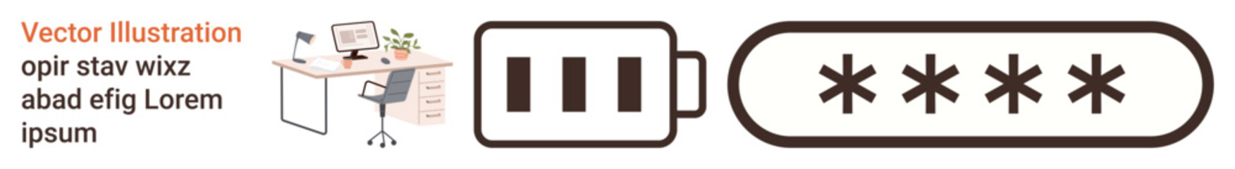 Obraz premium Energy efficiency, digital security, workplace setup, online authentication, technology management, data privacy. Desk with computer and battery, password field. Digital security and energy