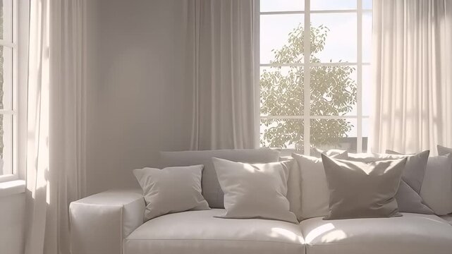 A serene walkthrough of a minimalist living room interior with soft natural light
