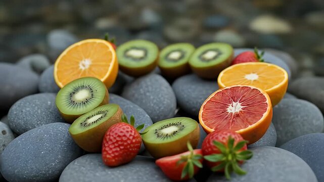 Sliced fruits like kiwi, oranges and strawberries are artfully arranged on gray pebbles