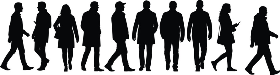 Diverse crowd of people walking in side profile, men and women in coats jackets casual formal, black silhouette group vector illustration, urban motion