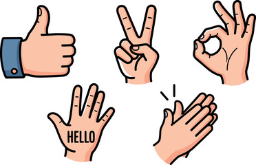 Obraz premium Diverse collection of popular hand gestures including thumbs up peace OK and waving with hello message on palm