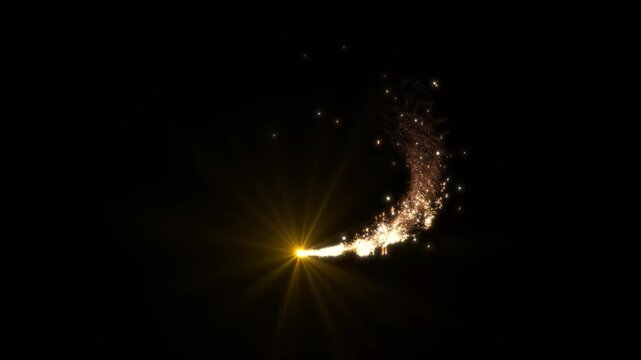 4K Golden Magical Glitter Sparkle Trail Animation with Twinkling Star Dust, Luxury Shimmering Particle Path, Fairy Pixie Light Burst Overlay on Black Screen for Festive Logo Reveal