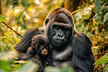 Fototapeta premium Adult gorilla cradling a baby gorilla in a tender, protective embrace amid sunlit tropical forest foliage conveying warmth and calm