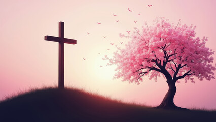 Cross silhouette on hill transforming into blooming cherry blossom tree, spring renewal metaphor, Easter resurrection nature