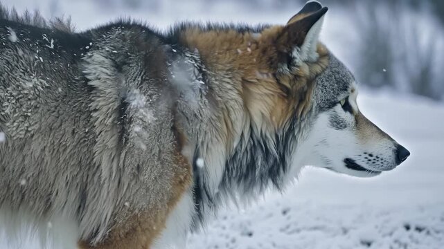 Gray wolf with thick fur stands in snowy landscape, snowflakes falling around, showcasing its profile against a blurred winter background