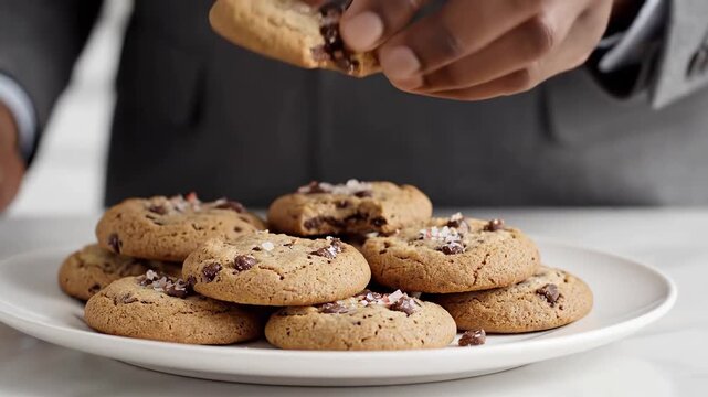 Closeup of a persons hand reaching for a delicious chocolate chip cookie from a pile on a white plate highlighting the texture and tempting appearance of the baked treat.