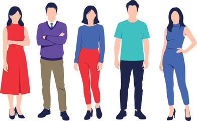 Obraz premium Diverse group of people standing together, multicultural men and women in casual outfits, flat illustration, unity inclusion diversity concept