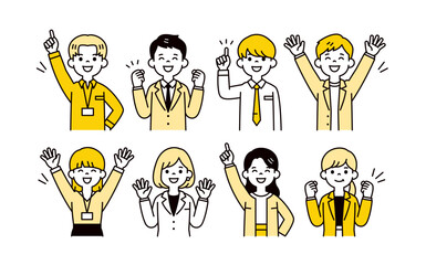 様々なポーズをとる、若い元気なビジネスパーソンのシンプルな上半身ベクターイラスト素材セット