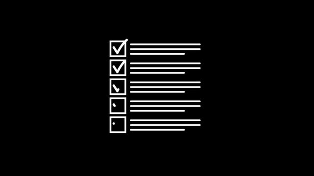 Animated Checklist with Check Marks on Black Background. White Line Art To Do List Animation. Minimalist Survey or Task Completion Motion Graphic