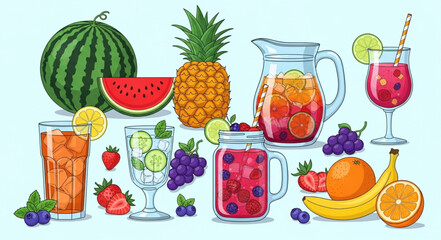 Colorful assortment of refreshing fruit juices and fresh fruits arrangement.