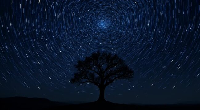 Mesmerizing star trails spiral above a solitary tree under a dark night sky