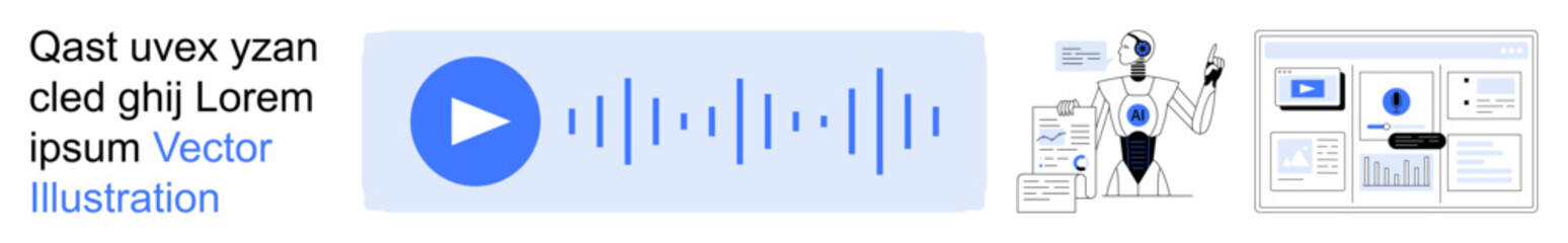 Digital marketing, content creation, online learning, audiobooks, podcast platforms, user interaction. Play button with sound waves, technical elements. Digital marketing and content creation concept