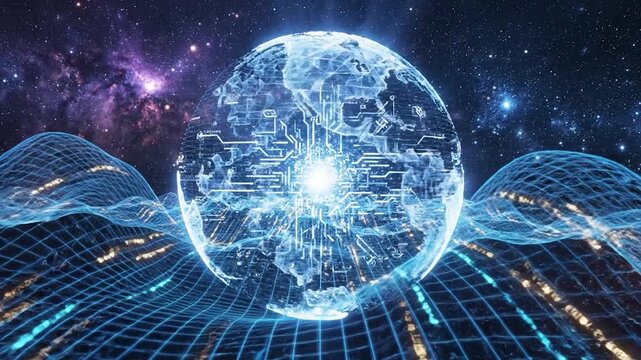 Glowing digital globe with circuit patterns floats above a futuristic grid.