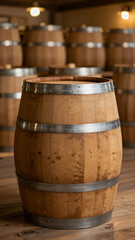 Fototapeta premium Wooden Wine Barrel with Metal Bands Standing on Rustic Wood Floor in Winery Storage Room, Shallow Depth of Field Photography