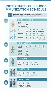 Annual Childhood Immunization Schedule for Influenza Vaccine and Other Vaccines in United States for 0 to 18 Years