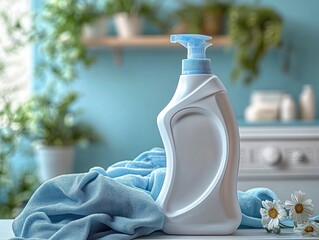 Fototapeta premium white plastic pump bottle with pale blue cap on soft blue towel beside daisies in a bright laundry room, conveying fresh calm and clean home care