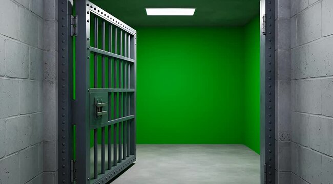 Steel Jail Cell Bars Door Opening to Green Screen Background