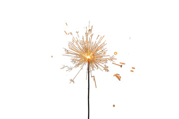 Golden sparkler stick burning fiercely, emitting bright sparks and glowing light for new year, party, and holiday designs