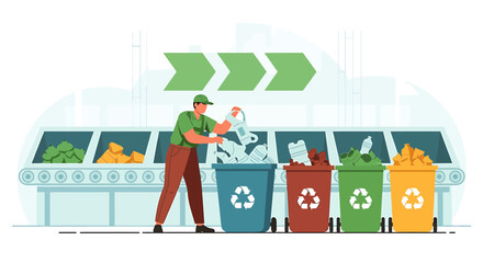 Fototapeta premium Recycling worker sorts waste into colored bins at processing plant