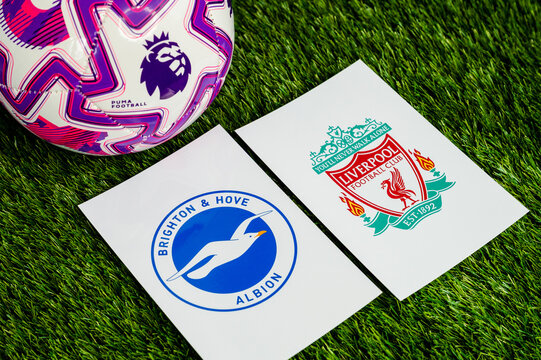 Brighton & Hove Albion vs. Liverpool Premier League football game, official match ball on lush green pitch, wallpaper with copy space.
