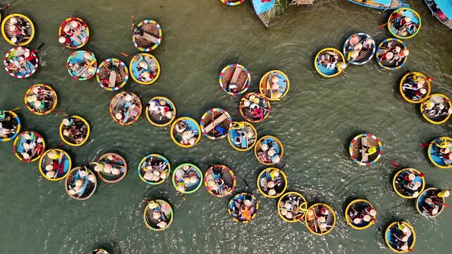 Aerial view of tourists in traditional vietnam basket boat in da nang, Vietnam