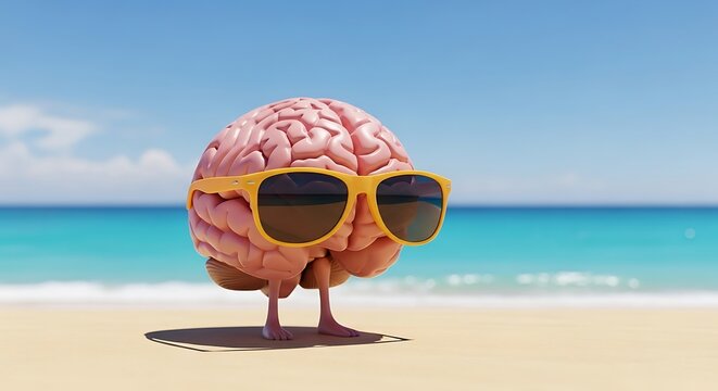 Pink brain wearing yellow sunglasses on beach