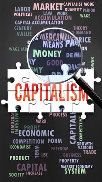 Capitalism under magnifying glass, being researched, studied and examined. Most important subjects and ideas related to capitalism written around a puzzle to symbolize complexity of capitalism.