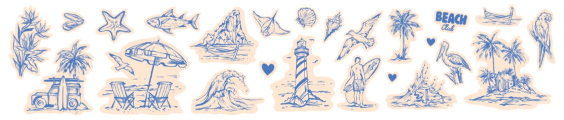 Summer vacation doodle sticker set hand drawn tropical island sketch illustration exotic travel icon. Ocean surfboard print, blue coastal vintage graphic, sea wave, palm tree. Hawaii summer doodle art © Oleksandra