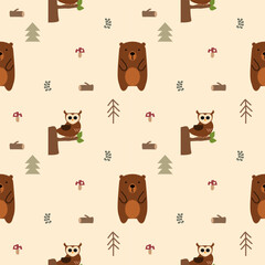 Fototapeta premium Bear and owl cartoon so cute. On tree log mushroom background. Pattern seamless vector illustration. 