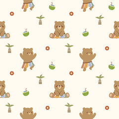 Fototapeta premium Bear and skirt dance cartoon is cute. On tree coconut flower background. Pattern seamless vector illustration. 